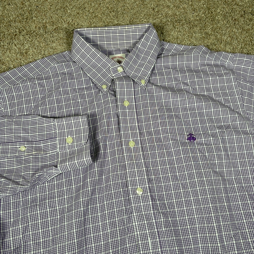 Brooks Brothers Mens Button Down Shirt Regular‎ Fit Checkered Purple White Logo